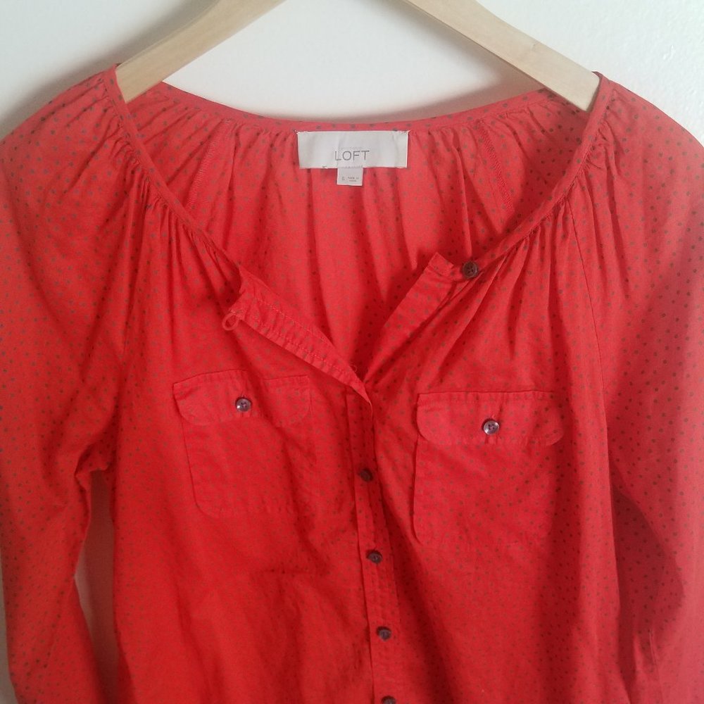 LOFT Red & Blue Polka Dots Long Sleeve Top